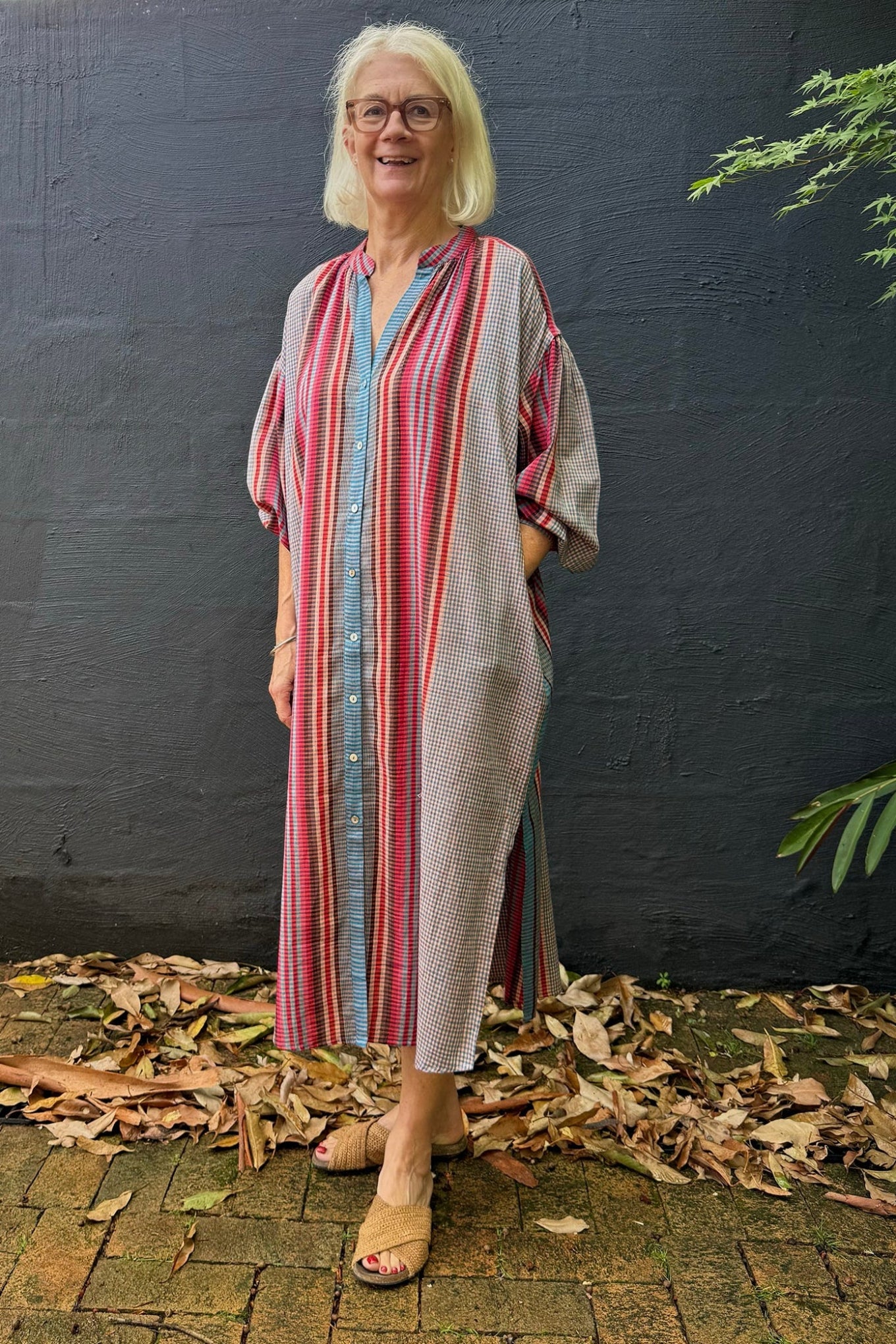 Handloom cotton check and stripe button up shirt dress in pinks and blues.