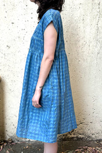 Dve one size cotton silk check Mira dress with gathered bodice in Parisian blue.