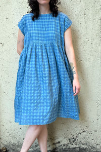 Dve one size cotton silk check Mira dress with gathered bodice in Parisian blue.