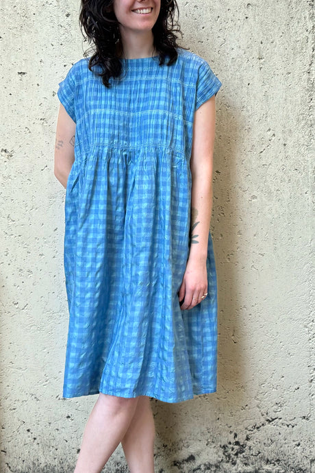 Dve one size cotton silk check Mira dress with gathered bodice in Parisian blue.