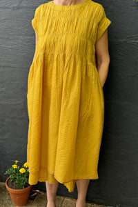 Dve one size cotton silk check Mira dress with gathered bodice in amber yellow.