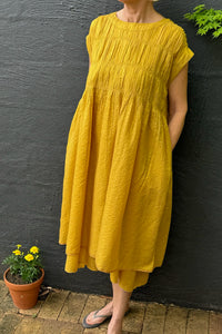 Dve one size cotton silk check Mira dress with gathered bodice in amber yellow.