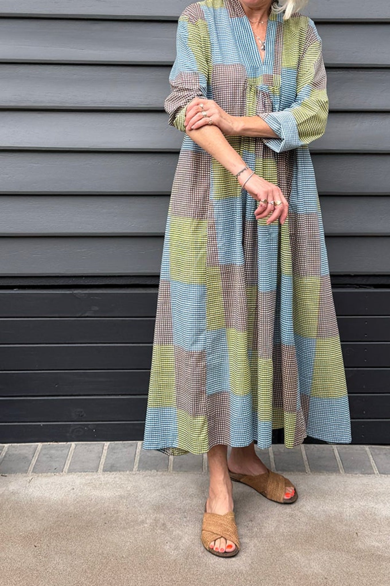 Multi-check multi-coloured long sleeved maxi tunic cotton dress.