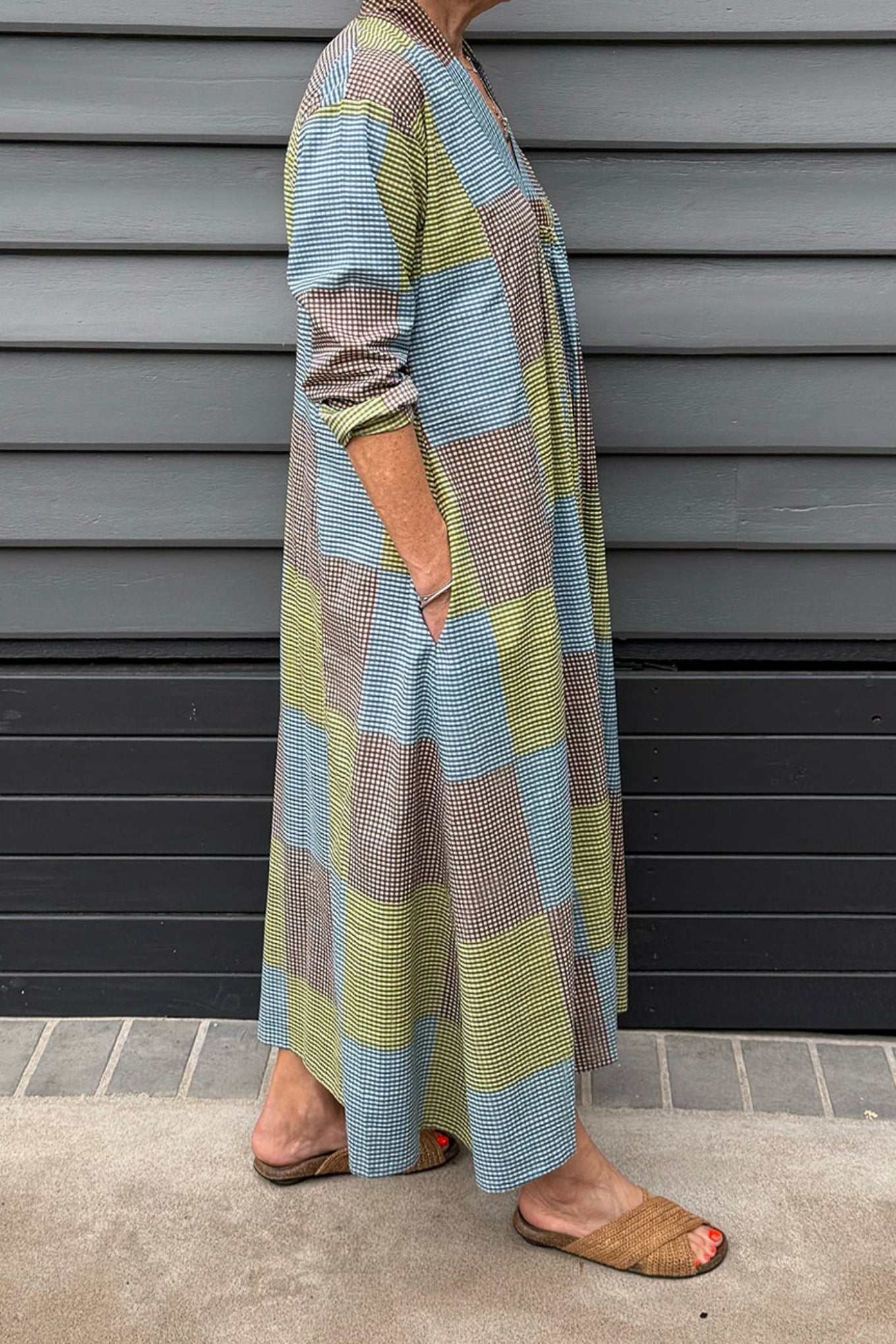 Multi-check multi-coloured long sleeved maxi tunic cotton dress.