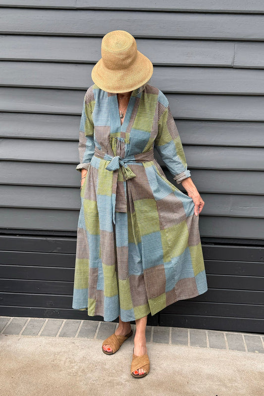 Multi-check multi-coloured long sleeved maxi tunic cotton dress.