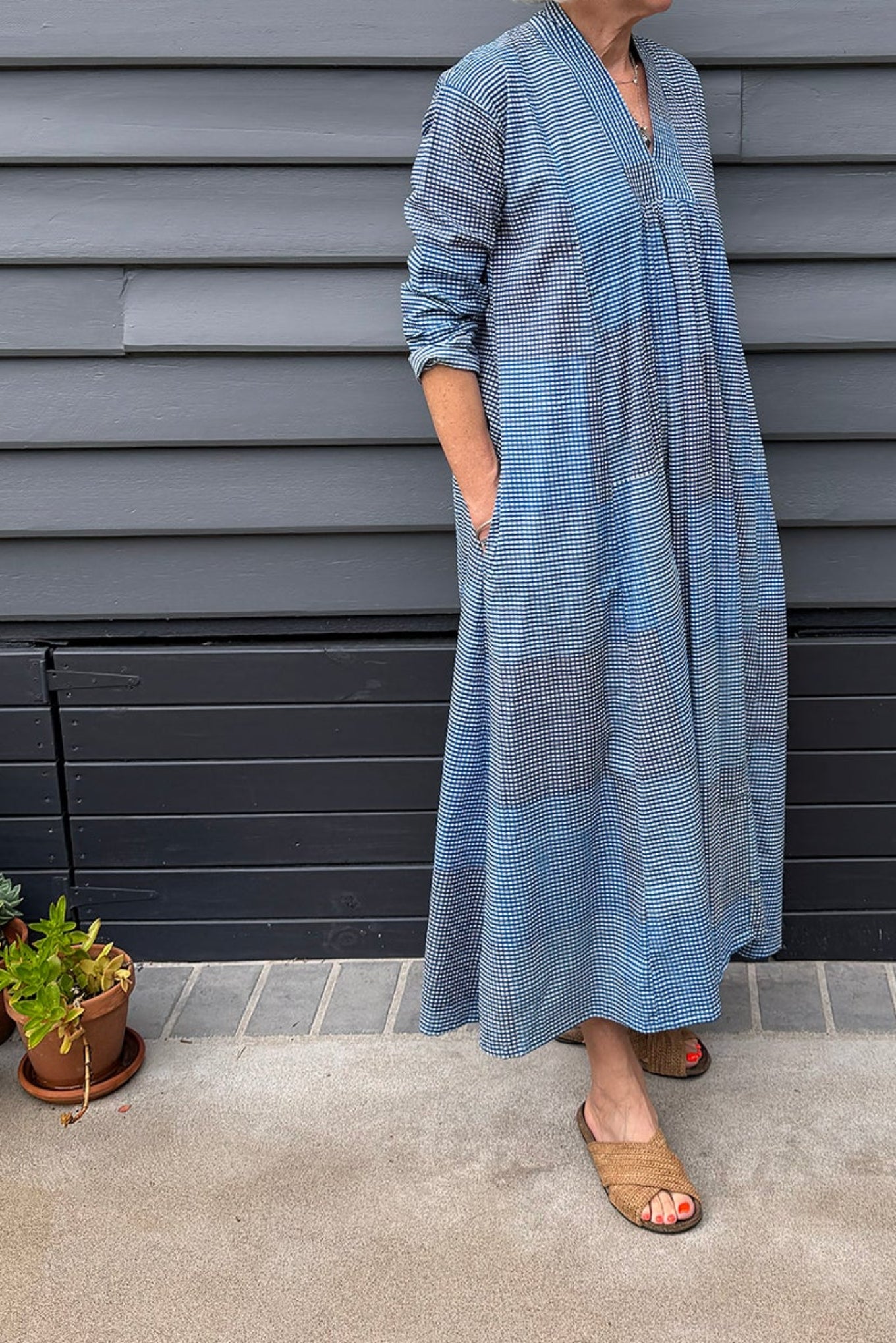 Multi-check long sleeved maxi tunic cotton dress in shades of blue and grey.