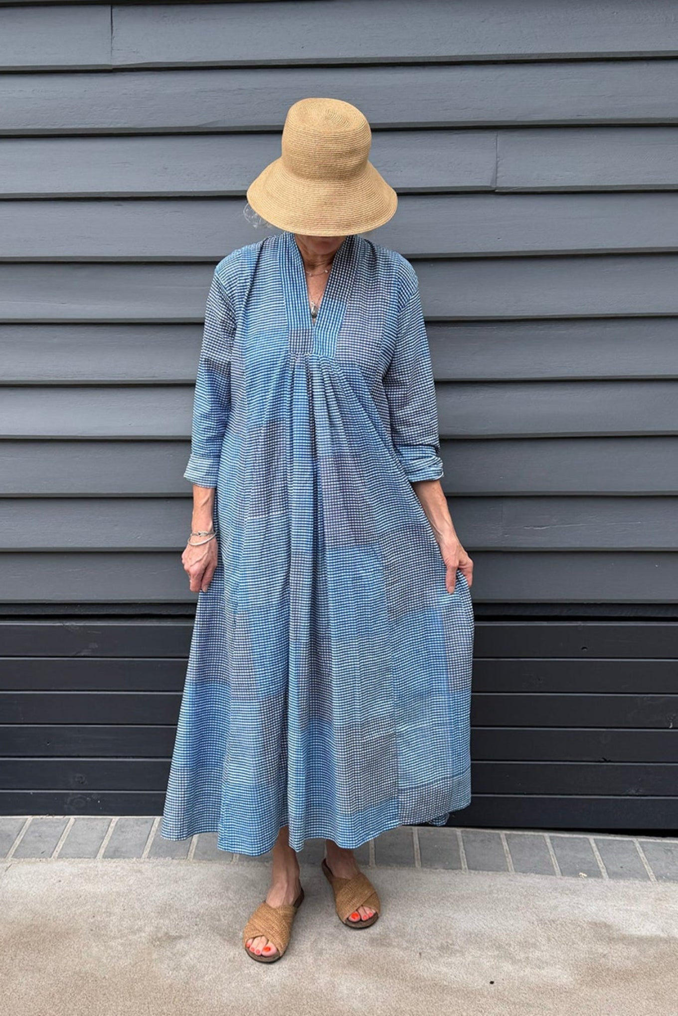 Multi-check long sleeved maxi tunic cotton dress in shades of blue and grey.