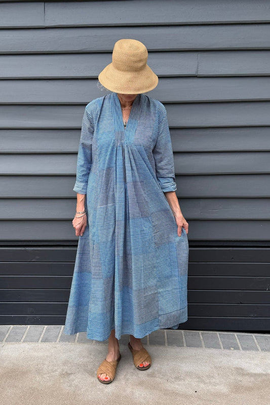 Multi-check long sleeved maxi tunic cotton dress in shades of blue and grey.
