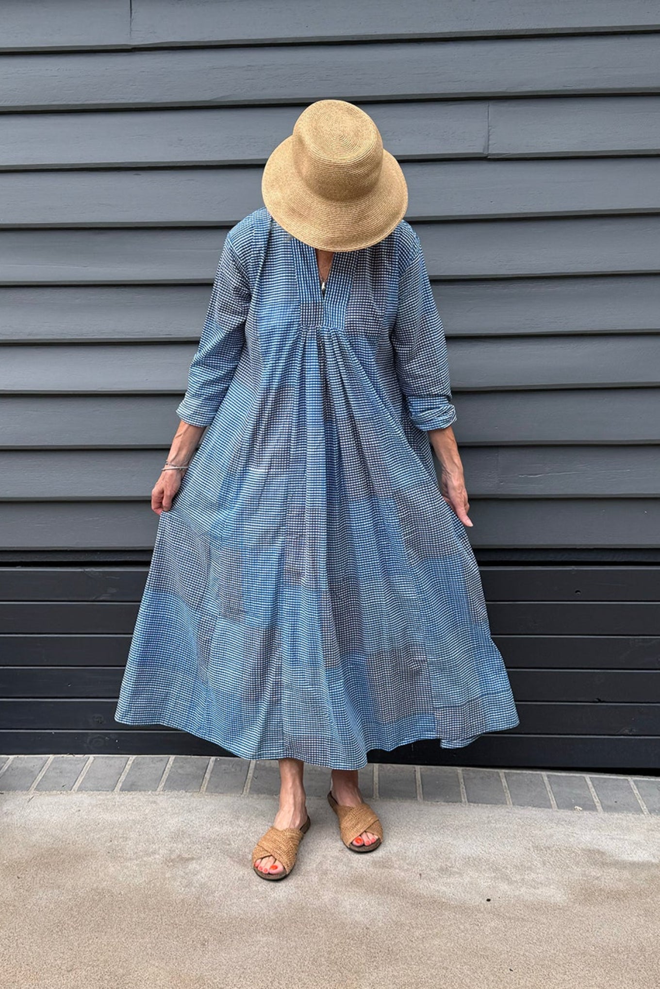 Multi-check long sleeved maxi tunic cotton dress in shades of blue and grey.