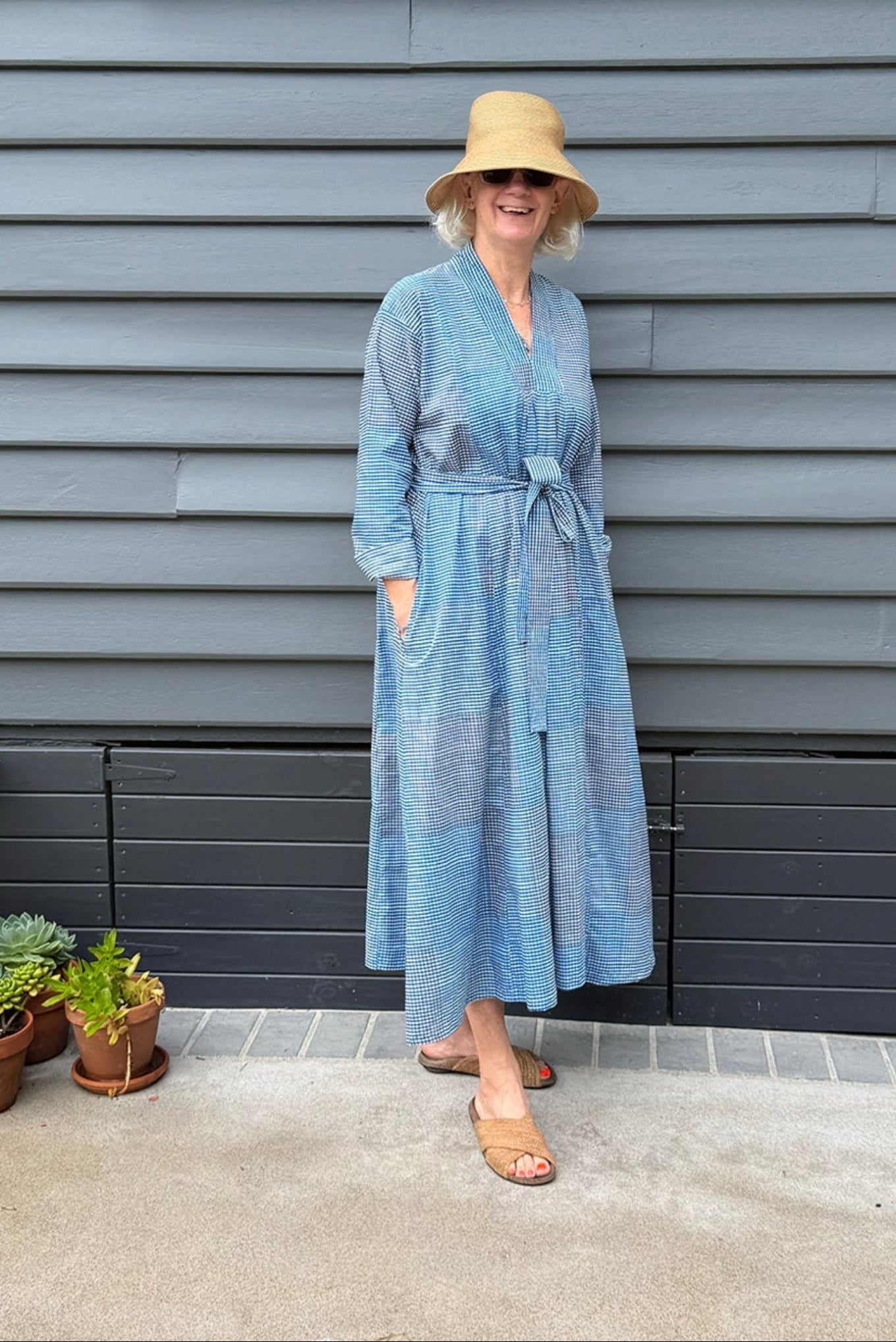 Multi-check long sleeved maxi tunic cotton dress in shades of blue and grey.