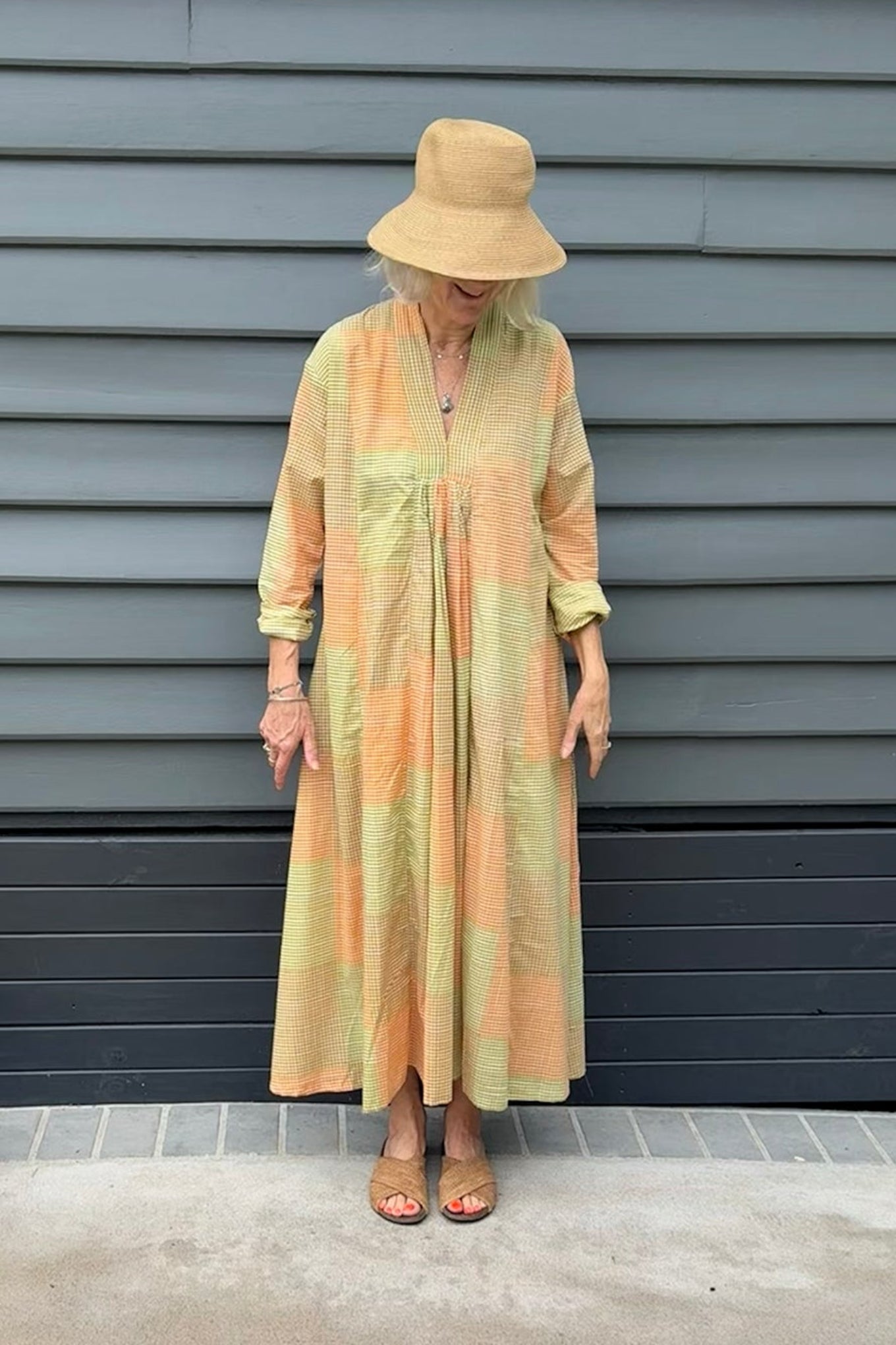 Multi-check long sleeved maxi tunic cotton dress in citrus shades of lemon, orange and lime.