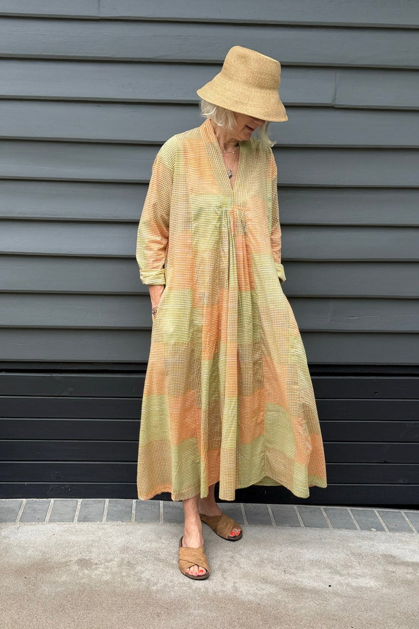 Multi-check long sleeved maxi tunic cotton dress in citrus shades of lemon, orange and lime.