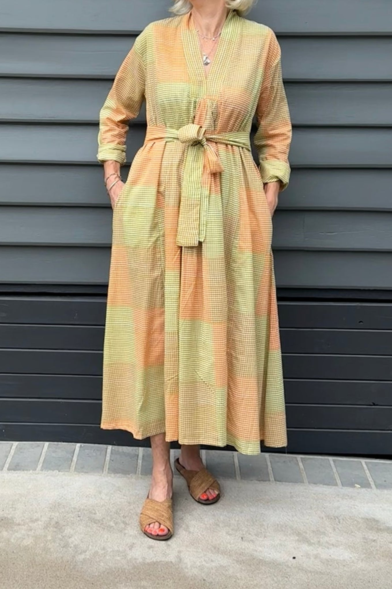 Multi-check long sleeved maxi tunic cotton dress in citrus shades of lemon, orange and lime.