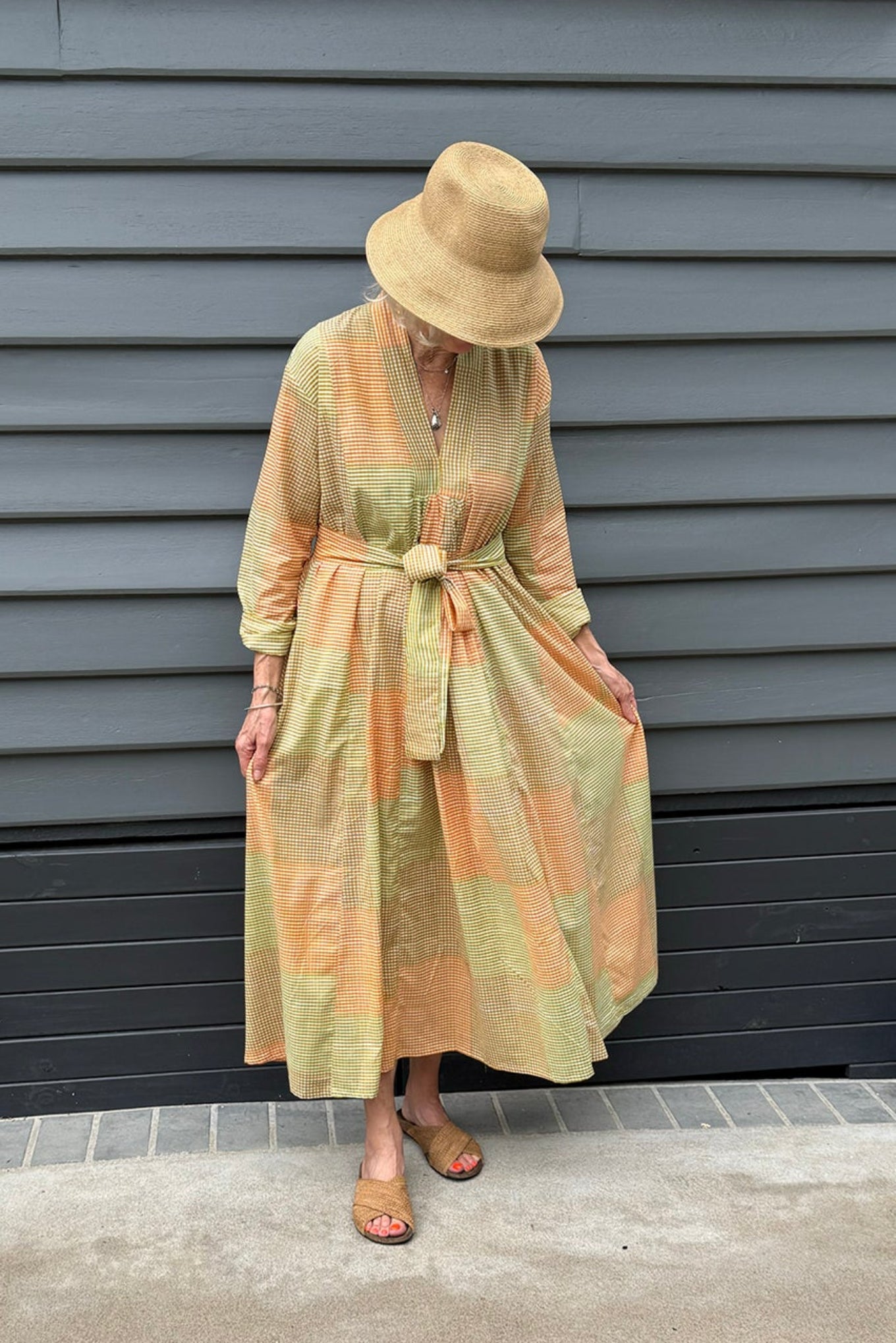 Multi-check long sleeved maxi tunic cotton dress in citrus shades of lemon, orange and lime.