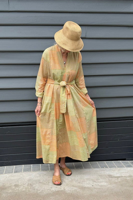 Multi-check long sleeved maxi tunic cotton dress in citrus shades of lemon, orange and lime.