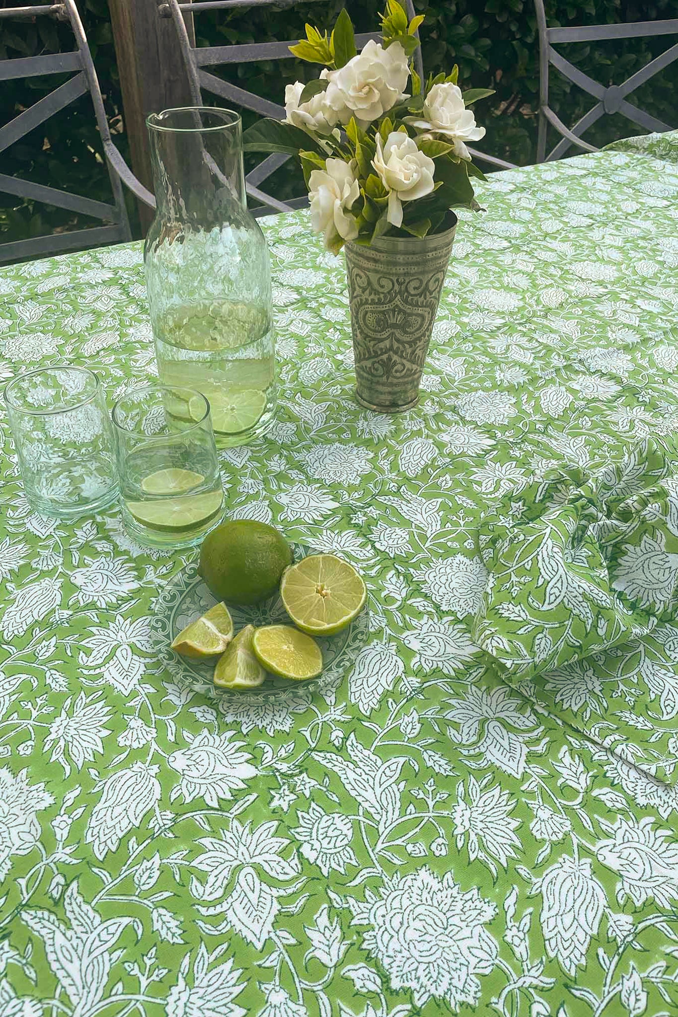 Blockprinted  cotton tablecloth in lime green and white floral design, made by hand.