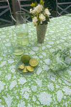 Load image into Gallery viewer, Blockprinted  cotton tablecloth in lime green and white floral design, made by hand.