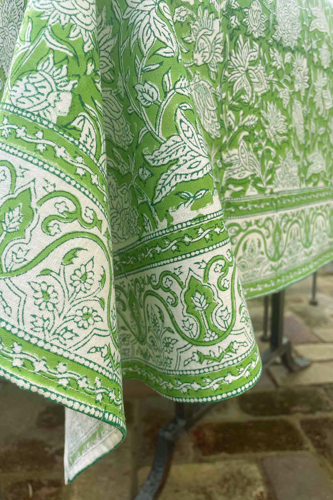 Blockprinted  cotton tablecloth in lime green and white floral design, made by hand.