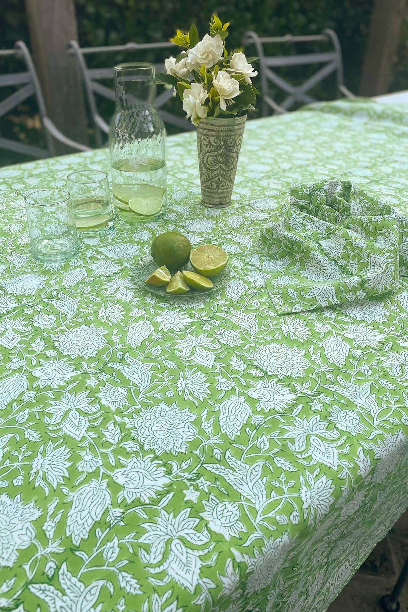 Blockprinted  cotton tablecloth in lime green and white floral design, made by hand.