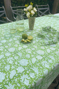 Blockprinted  cotton tablecloth in lime green and white floral design, made by hand.