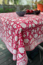 Load image into Gallery viewer, Blockprinted  cotton table cloth in raspberry red and white floral design, made by hand