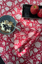 Load image into Gallery viewer, Blockprinted  cotton table cloth in raspberry red and white floral design, made by hand