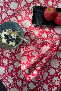 Blockprinted  cotton napkins in raspberry red and white floral design, made by hand.