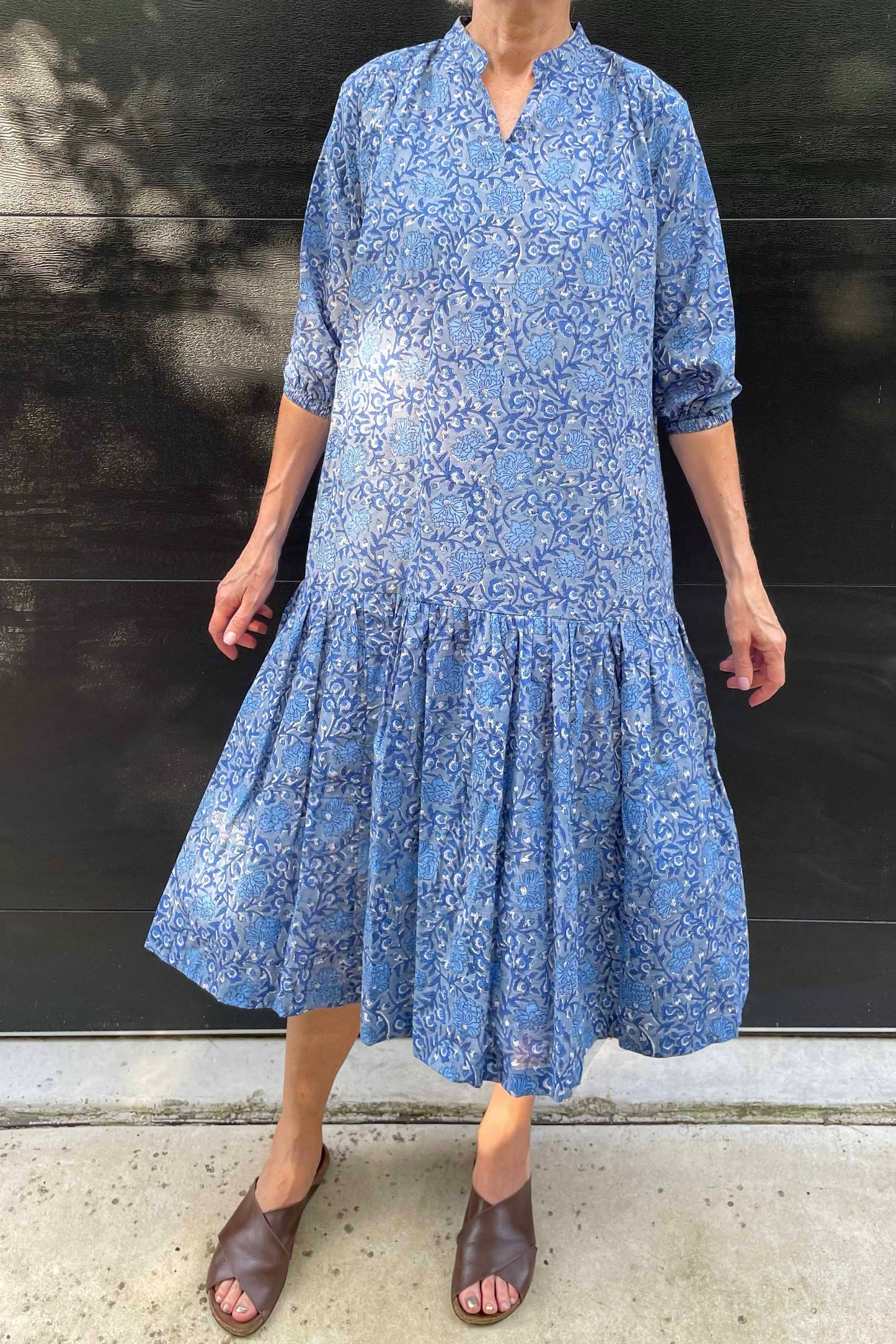 Gina dress - blue grey blockprint