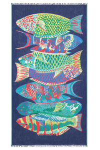 Inoui Editions cotton large scarf Tango Navy, tropical fish on a blue background.