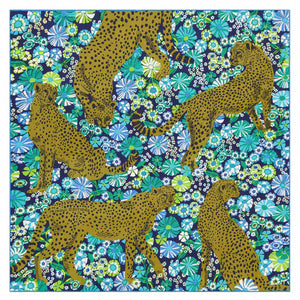 Inoui Editions Pampa daisy turquoise scarf carre silk cotton cheetahs in field of flowers.