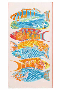 Inoui Editions cotton large scarf Tango Navy, tropical fish on a white background.