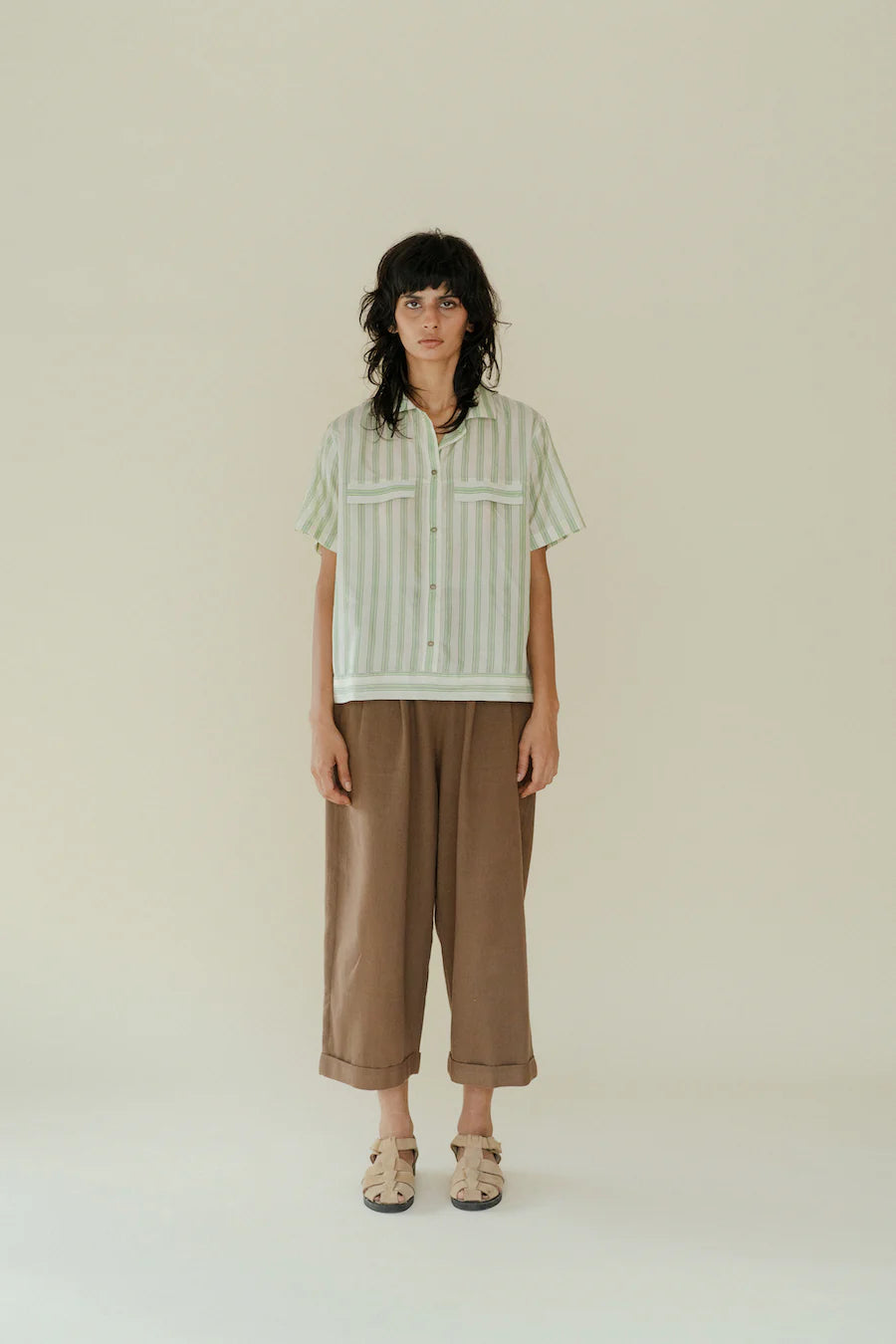 Runaway Bicycle Alfie short sleeve shirt in fine green on white stripe silk.