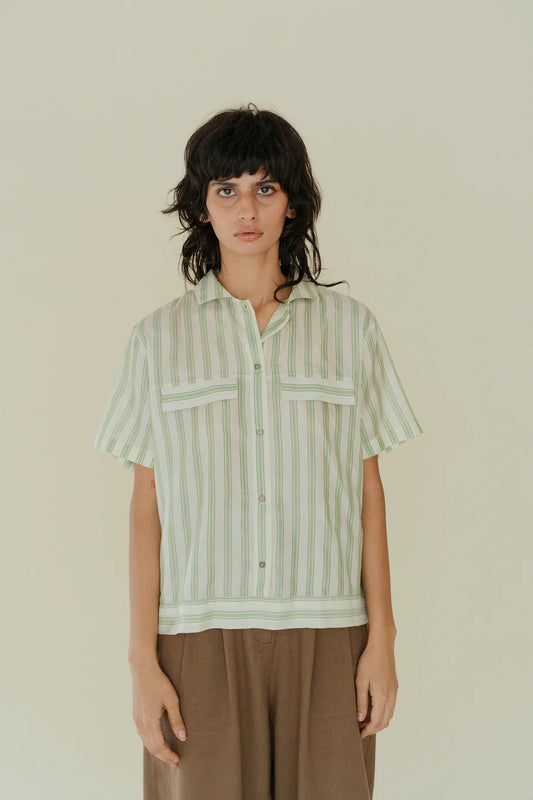 Runaway Bicycle Alfie short sleeve shirt in fine green on white stripe silk.