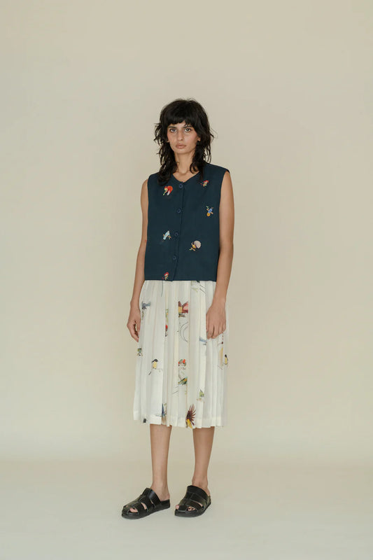 Runaway Bicycle Cara skirt in handloom silk featuring birds of paradise print.