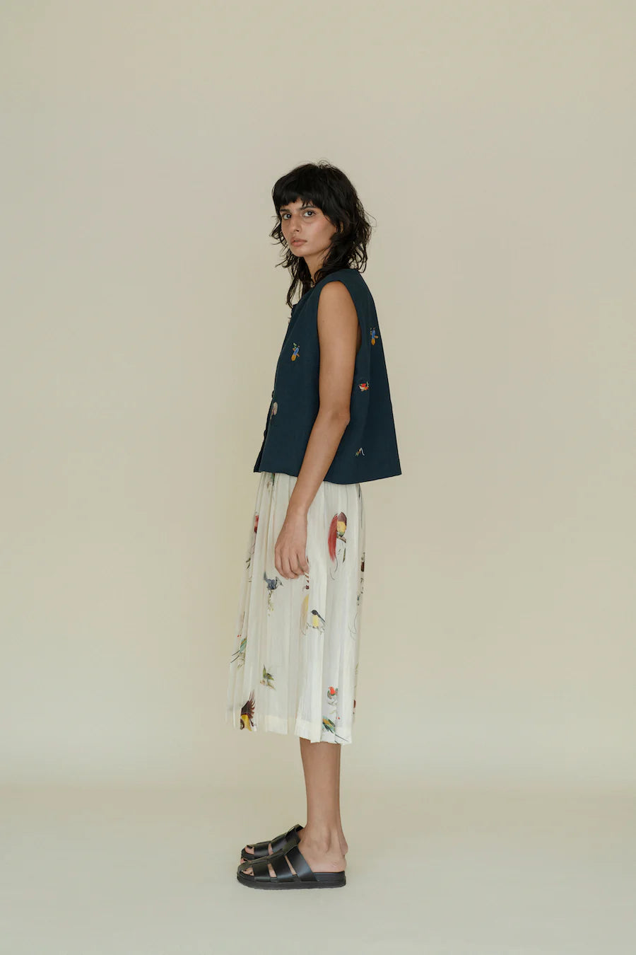 Runaway Bicycle Cara skirt in handloom silk featuring birds of paradise print.