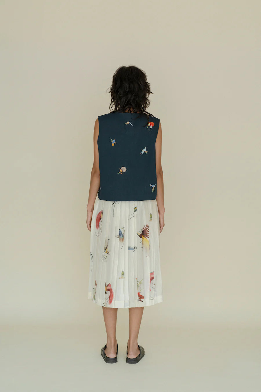 Runaway Bicycle Cara skirt in handloom silk featuring birds of paradise print.