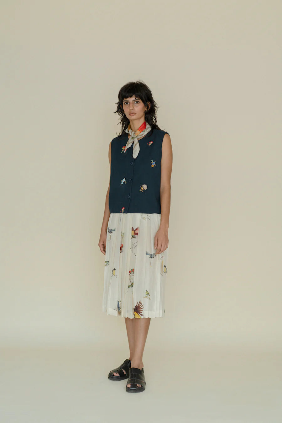 Runaway Bicycle Cara skirt in handloom silk featuring birds of paradise print.