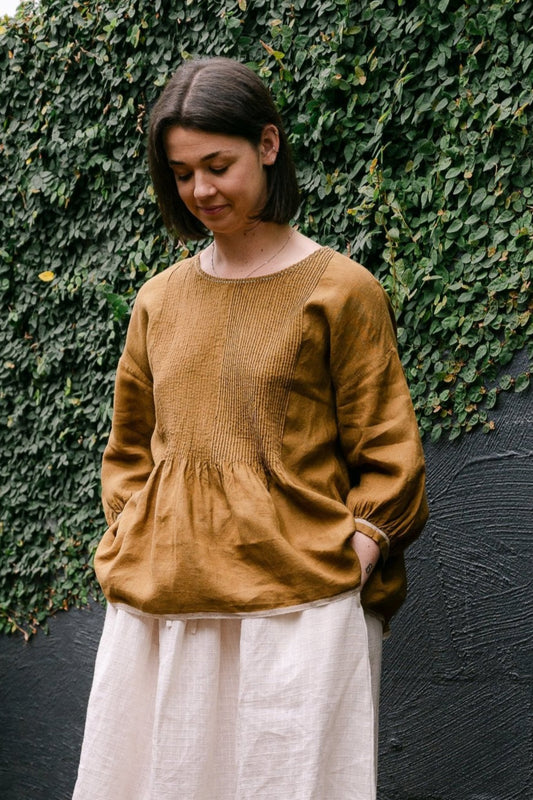 Dve one size pintucked linen Anisha top in mustard.