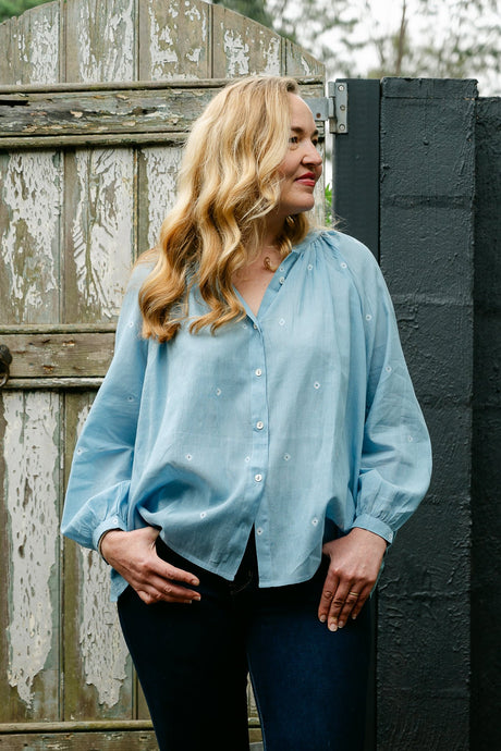 Studio Within x Juniper Hearth jamdani cotton blouse in light indigo.