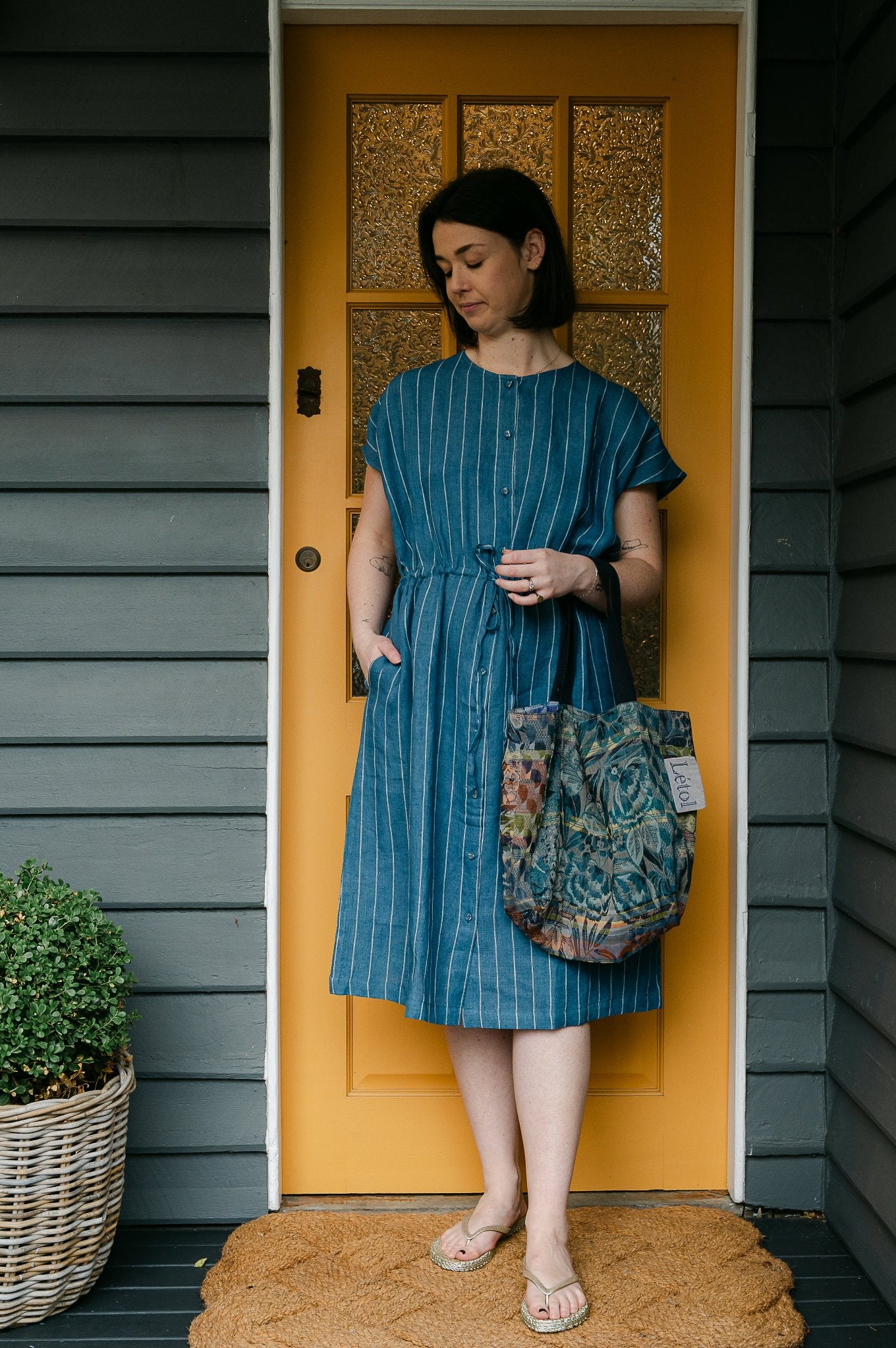 Studio Within x Juniper Hearth one size striped linen dress in blue.