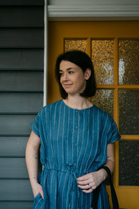 Studio Within x Juniper Hearth one size striped linen dress in blue.