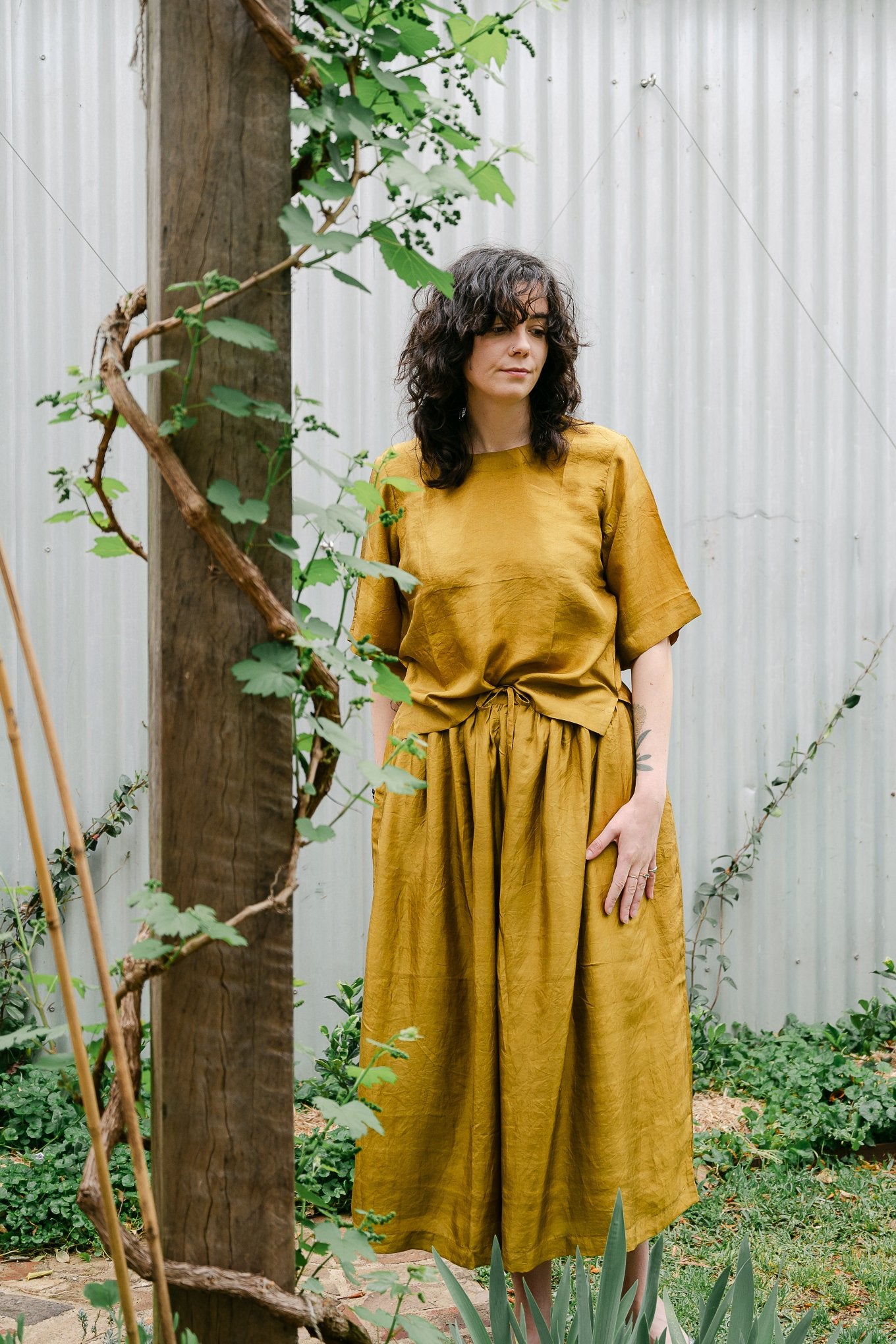 Studio Within x Juniper Hearth silk skirt in gold mustard.