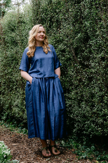 Studio Within x Juniper Hearth silk skirt in midnight blue.