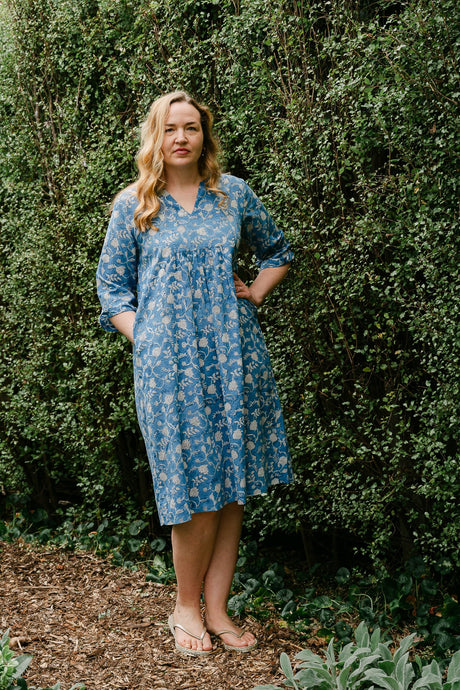 Juniper Hearth three quarter sleeve easy fit tunic dress in blockprinted cotton, blue and white floral design.