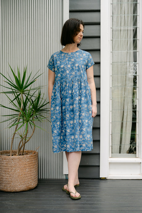 Juniper Hearth blockprint cotton dress with gathered skirt and pockets, in blue and white floral.