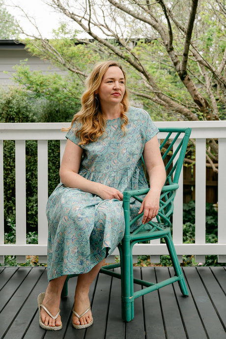 Juniper Hearth blockprint cotton dress with gathered skirt and pockets, in celadon aqua and blue floral.