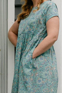 Juniper Hearth blockprint cotton dress with gathered skirt and pockets, in celadon aqua and blue floral.