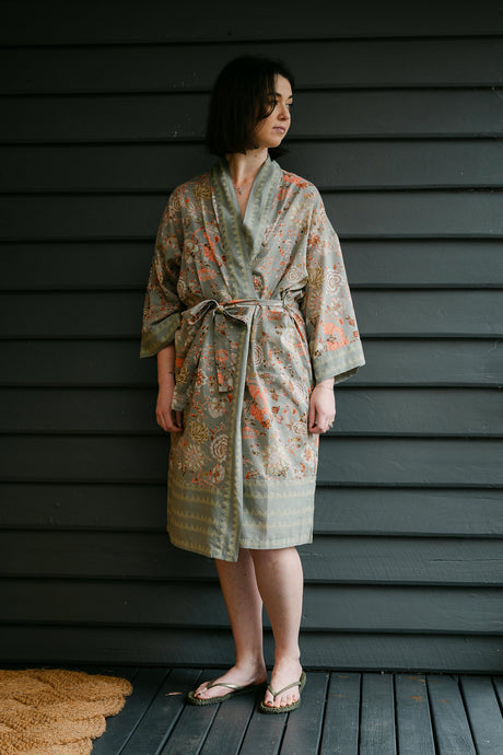 Pure cotton screenprinted one size kimono dressing gown in sage green floral print.