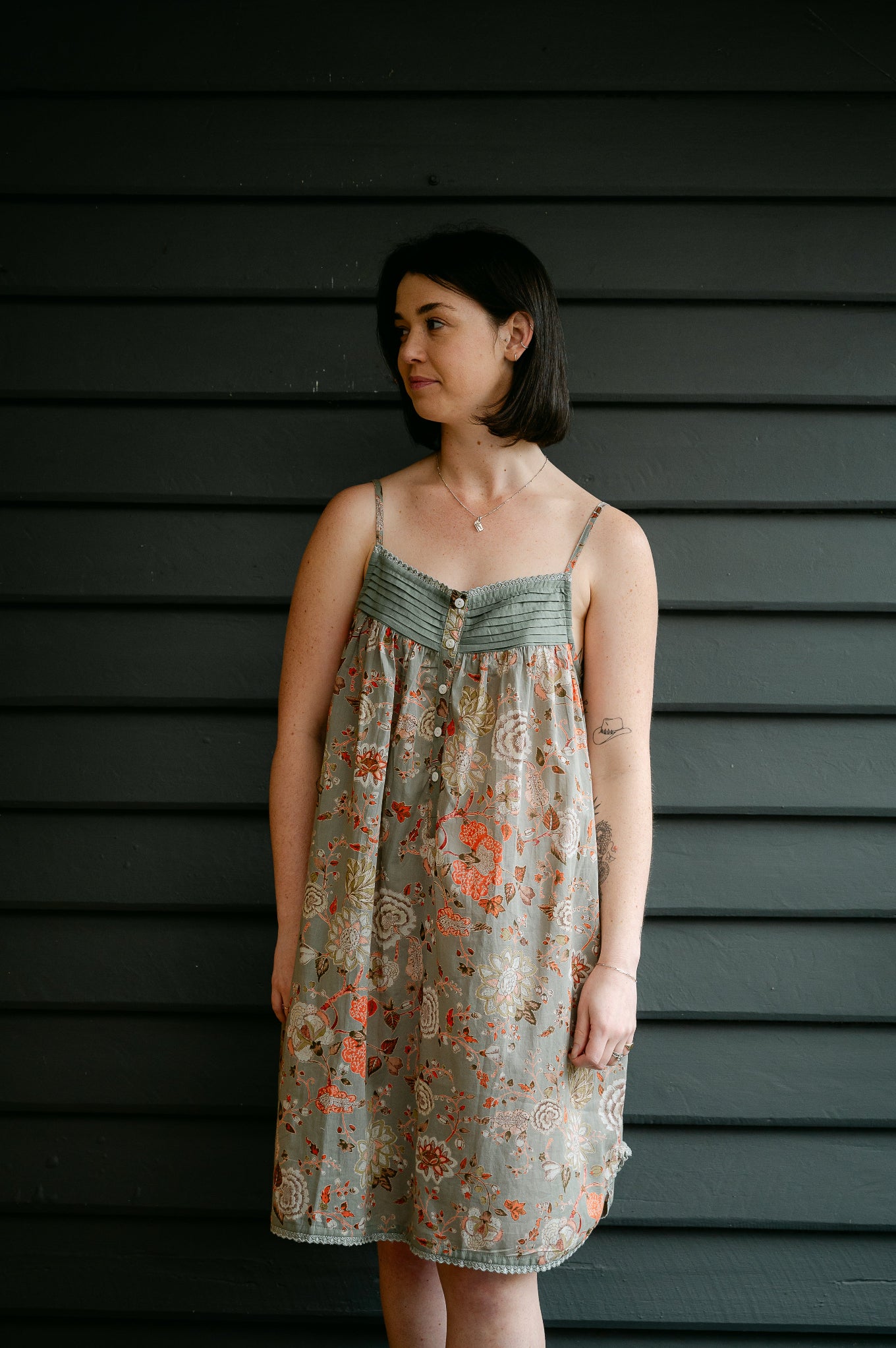 Juniper Hearth 100% cotton, screen printed by hand floral print summer nightdress nighty in sage green.