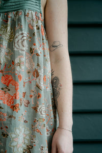 Juniper Hearth 100% cotton, screen printed by hand floral print summer nightdress nighty in sage green.